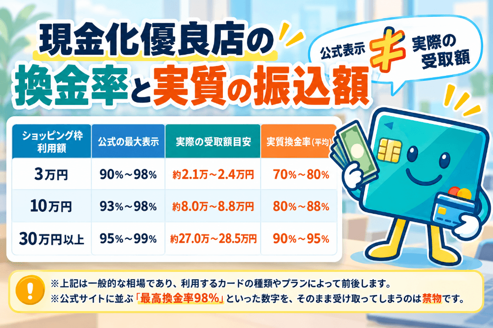 現金化優良店の換金率と実質の振込額